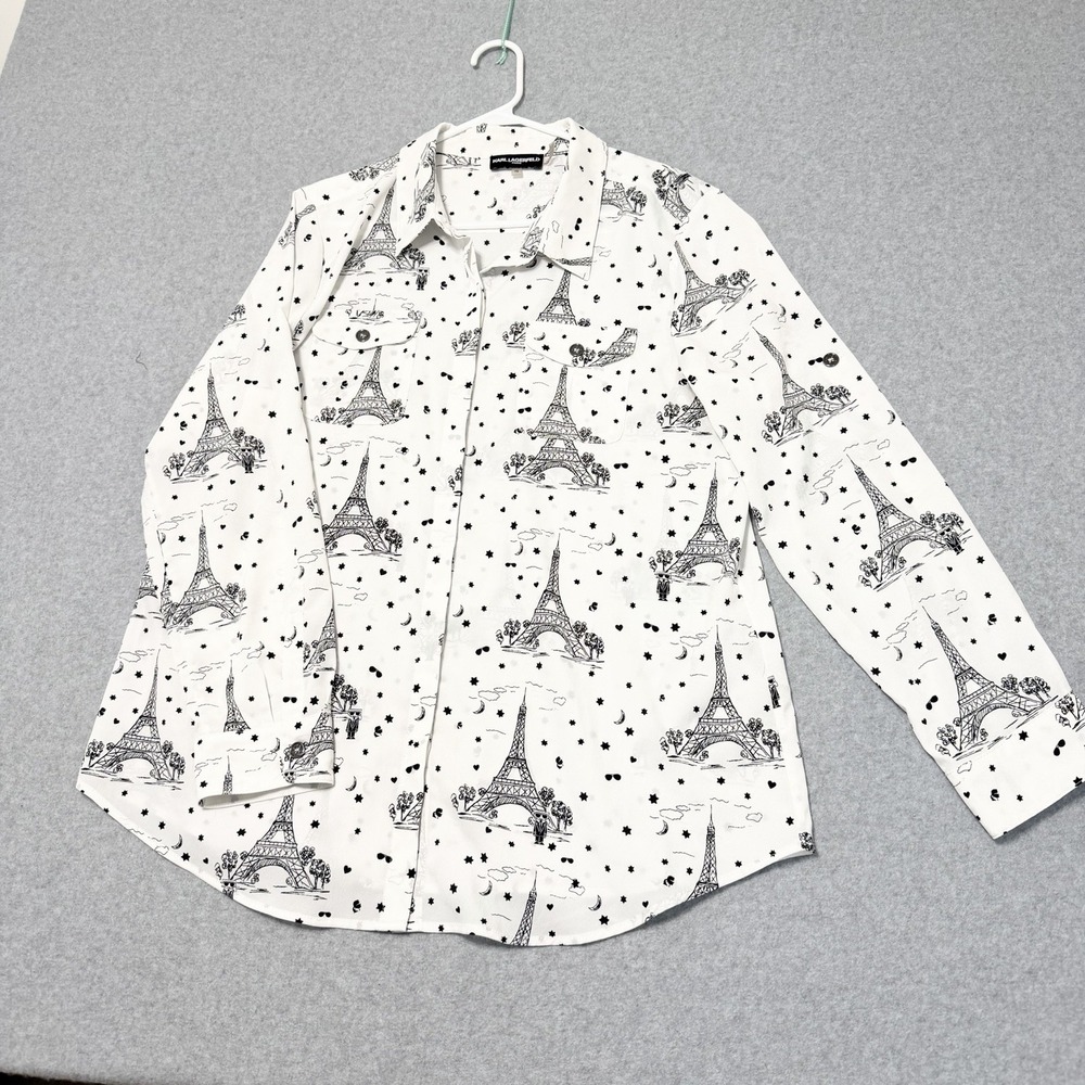 Karl Lagerfeld White Blouse Parisian Chic Eiffel Tower Print Women's Size XL